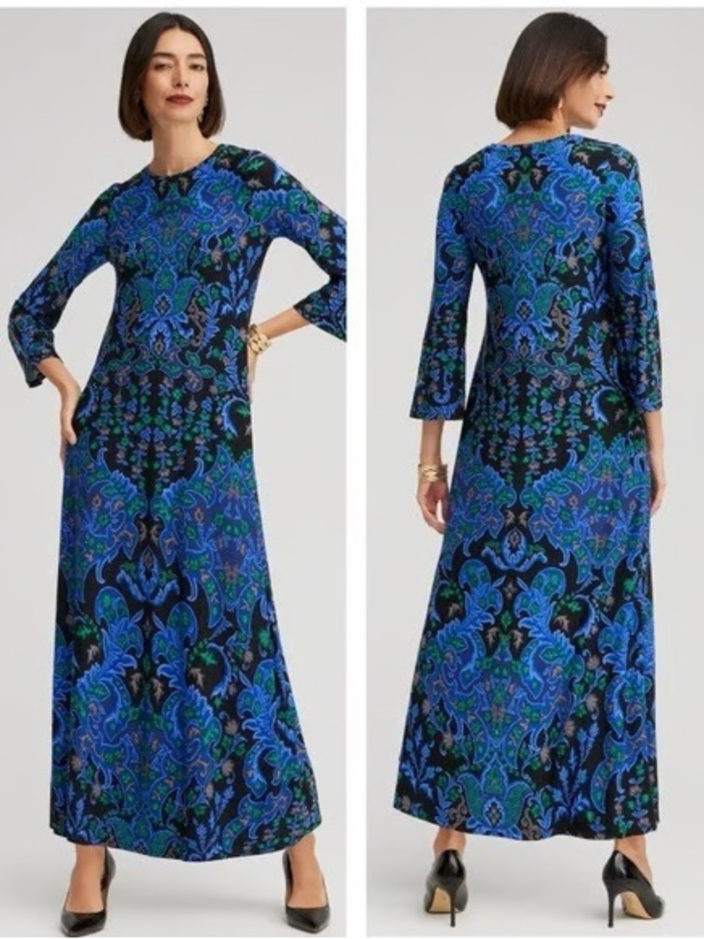 Chico's Blue, Green and Black Paisley-Print Long Sleeve Maxi Dress
